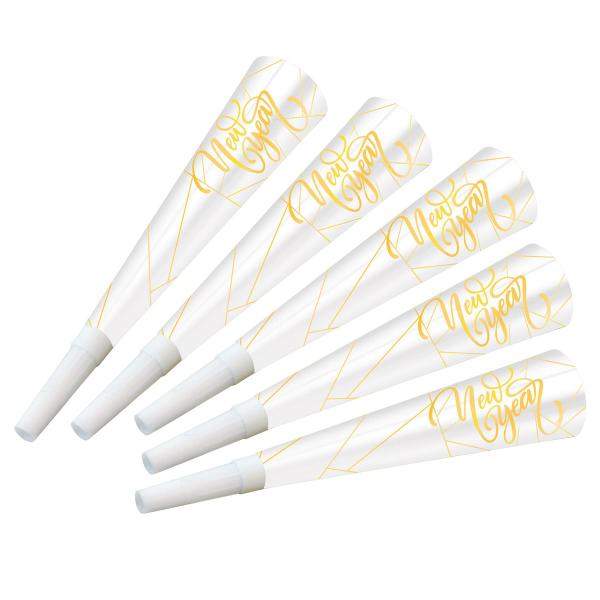 Noisemakers | White New Year Gold Horns (Pack Of 100) Noisemakers Noisemakers