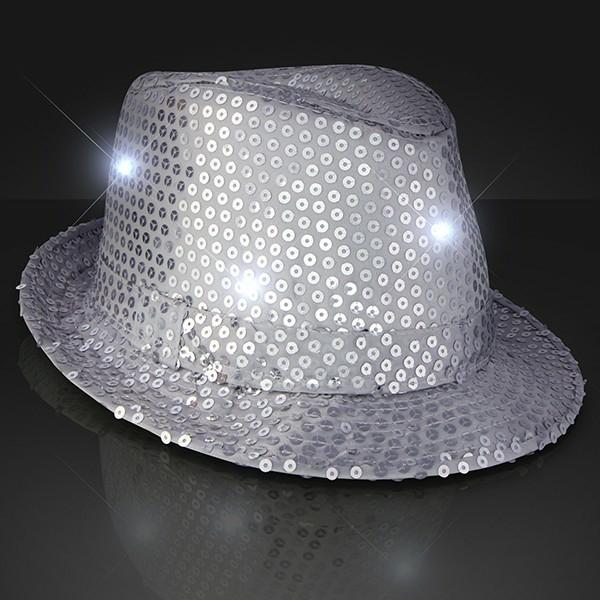 Novelty Hats | Silver Sequin Light Up Fedora Hats (Pack Of 6) Headwear Novelty Hats